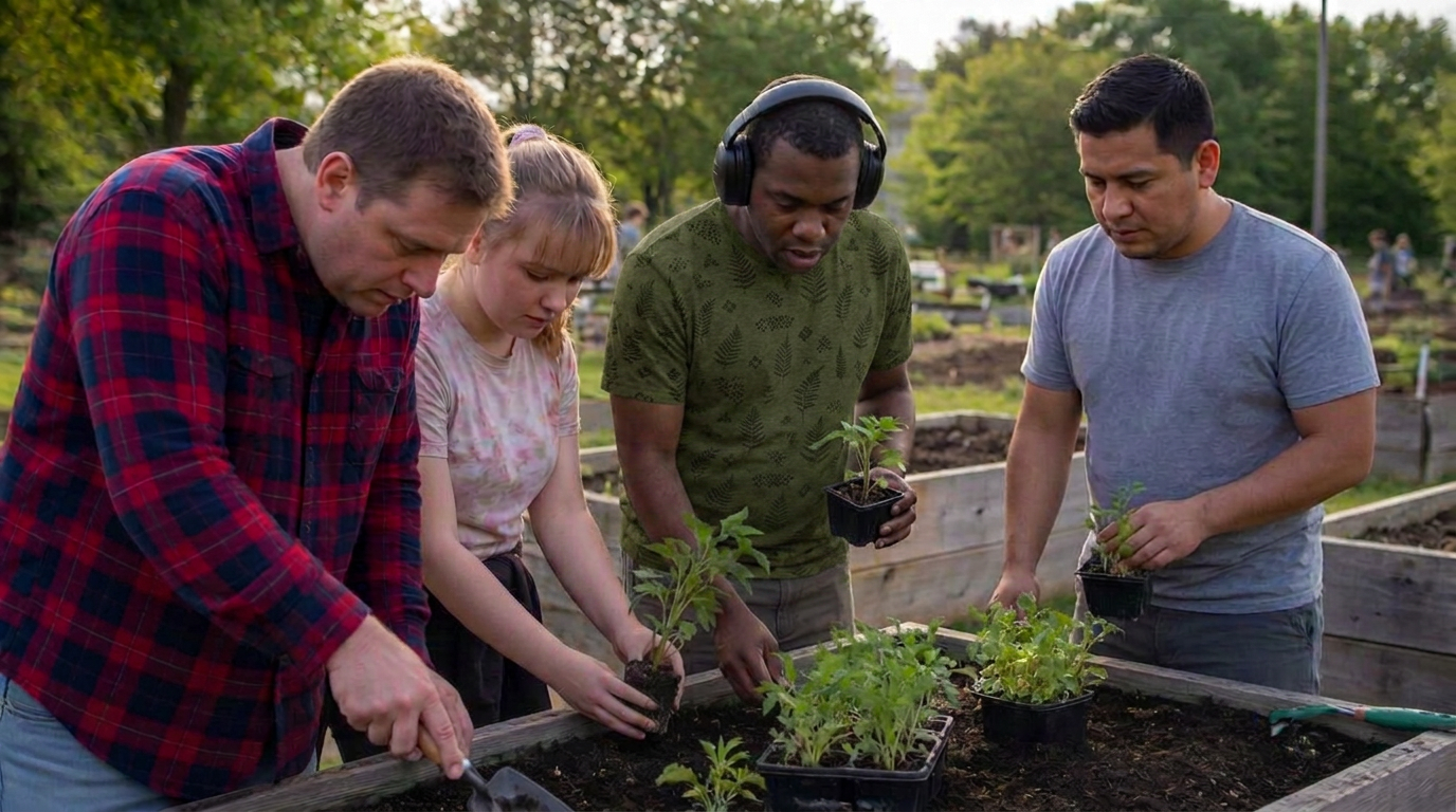 Four diverse adults with autism and developmental disabilities planting together at a community garden event, including a Black adult wearing sensory headphones