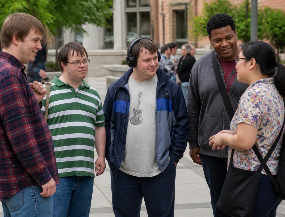 Three young adults with developmental disabilities talking together outside a community center